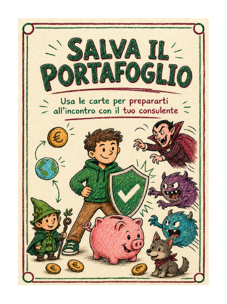 Confezione illustrata di Salva il Portafoglio con il giovane risparmiatore, il maialino, Druidus e i Vampiri